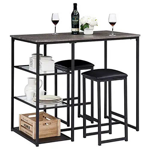 VECELO 3-Piece Dining Set Counter Height Kitchen Table with 2 PU Padded Chairs, Space Saving, Storage Shelves, Black