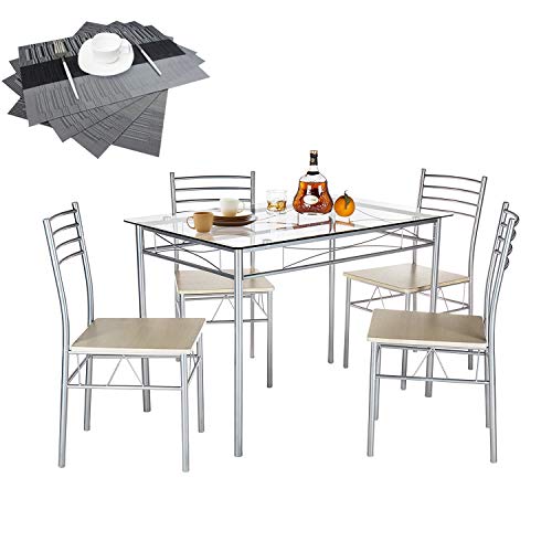VECELO Dining Table with 4 Chairs [4 Placemats Included-] Silver