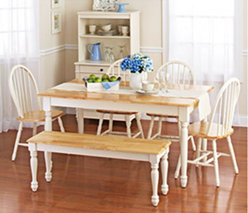 White Dining Room Set with Bench. This Country Style Dining Table and Chairs Set for 6 Is Solid Oak Wood Quality…