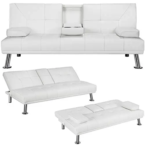 Yaheetech Futon Sofa Bed Sleeper Sofa Modern Faux Leather Futon Convertible Sofa With Armrest Home Recliner Couch Home Furniture White 0