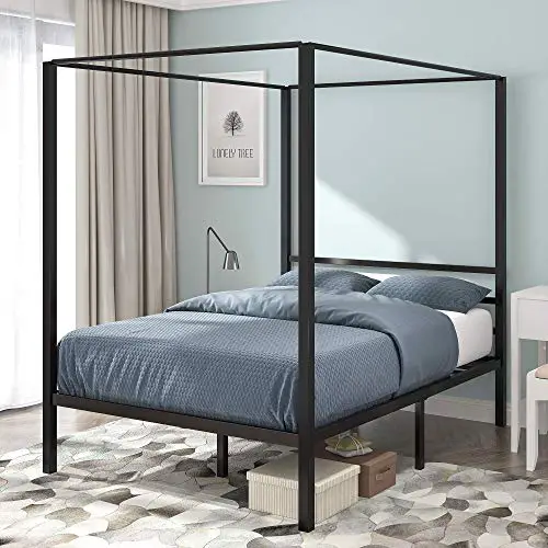Yitahome Metal Four Posters Canopy Bed Frame 14 Inch Platform With Built In Headboard Strong Metal Slat Mattress Support No Box Spring Needed Black Full Size 0 0