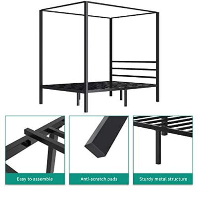 Yitahome Metal Four Posters Canopy Bed Frame 14 Inch Platform With Built In Headboard Strong Metal Slat Mattress Support No Box Spring Needed Black Full Size 0 4