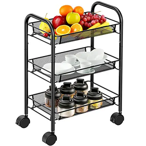 3-Tier Mesh Wire Rolling Utility Cart Multifunction Metal Organization with Lockable Wheels for Home, Office, Kitchen…