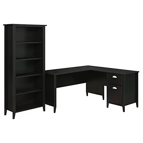 Bush Furniture Kathy Ireland Home Connecticut L Shaped Desk with Mid Back Leather Box Chair, 60W, Black Suede Oak