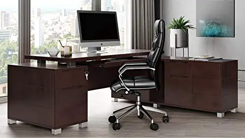 Dark Wood Finish Ford Executive Modern Desk with Filing Cabinets – Right Return
