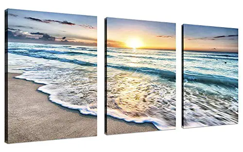 TutuBeer 3 Panel Beach Canvas Wall Art for Home Decor Blue Sea Sunset White Beach Painting The Picture Print On Canvas…