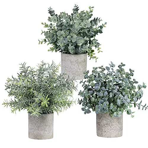 Winlyn Set of 3 Mini Potted Artificial Eucalyptus Plants Plastic Fake Green Rosemary Plant for Home Decor Office Desk…