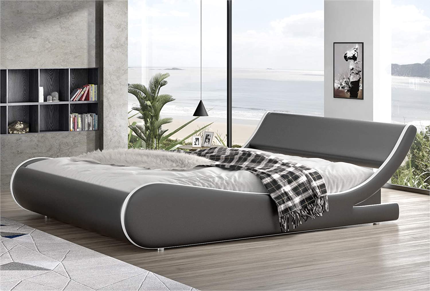 Sha Cerlin King Size Platform Bed, Faux Leather Low Profile Sleigh Bed Frame With Adjustable Headboard