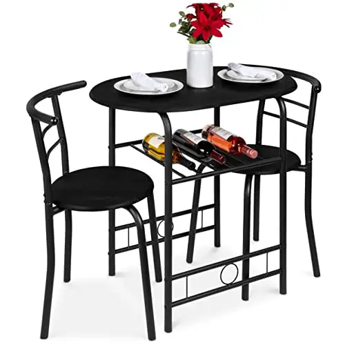 3 Piece Wood Dining Room Round Table Chairs Set Wsteel Frame Built In Wine Rack Black 0 1