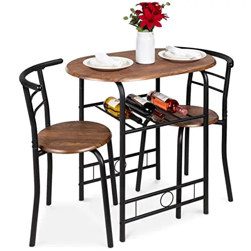 3 Piece Wood Dining Room Round Table Chairs Set Wsteel Frame Built In Wine Rack Black 0 2