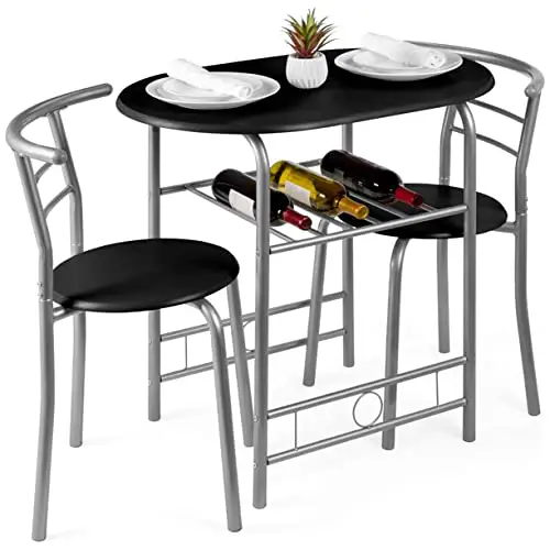 3 Piece Wood Dining Room Round Table Chairs Set Wsteel Frame Built In Wine Rack Black 0