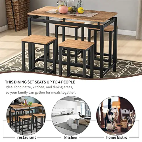 Bayagin Bar Height Table And Chairs Dining Set For 4 Industrial Kitchen Pub Table And Chairs Set Of 4 5 Pcs Dining Table Set Counter Height For Breakfast Nookdinette Set For Small Spaces Brown 0 2