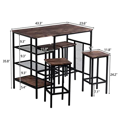 Bar Height Table And Chairs Dining Set For 4 Industrial Pub Table And Chairs Set Of 4 5 Pcs Kitchen Dining Table Set Counter Height For Breakfast Nookdinette Set For Small Spaces Rustic Brown 0 0