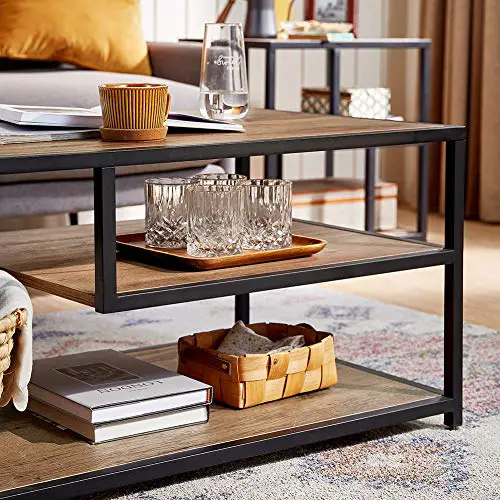 Linsy Home Coffee Table With Storage Shelf 3 Tier Industrial Table Metal Frame 43 Small Table For Living Room Bedroom Entryway Or Office Wood 0 2
