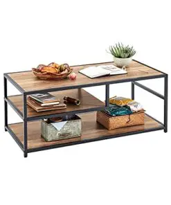 Linsy Home Coffee Table With Storage Shelf 3 Tier Industrial Table Metal Frame 43 Small Table For Living Room Bedroom Entryway Or Office Wood 0