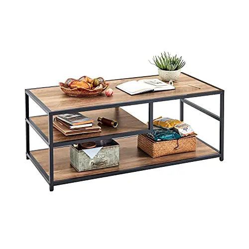LINSY HOME Coffee Table with Storage Shelf, 3 Tier Industrial Table Metal Frame, 43” Small Table for Living Room, Bedroom, Entryway or Office, Wood