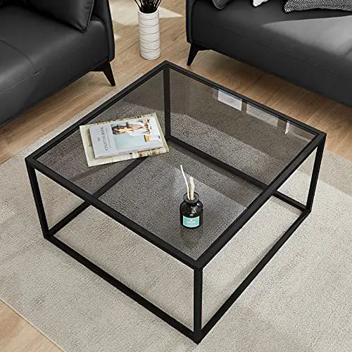 SAYGOER Glass Coffee Table, Small Modern Coffee Table Square Simple Center Tables for Living Room 27.6 x 27.6 x 15.7 Inches, Gray Black