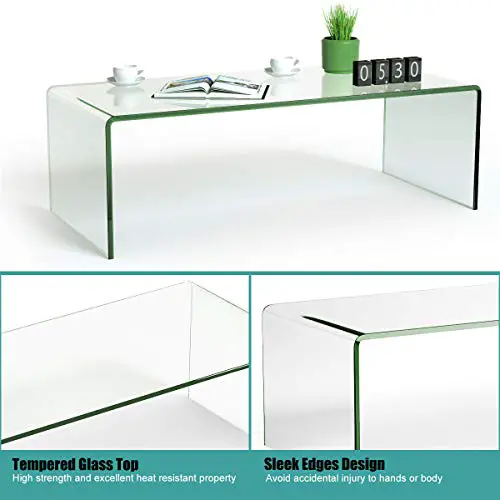 Tangkula Glass Coffee Table 425 L 20 W 14 H Modern Clear Tempered Glass Coffee Table For Living Room International Occasion Tea Table Waterfall Table With Rounded Edges Clear Glass 0 4