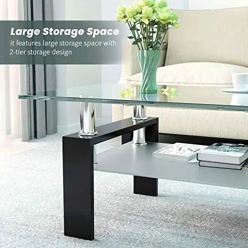 Dklgg Rectangle Glass Coffee Table Modern Center Side Coffee Table With Lower Shelf Black Wooden Legs Suit For Living Room Black 0 2