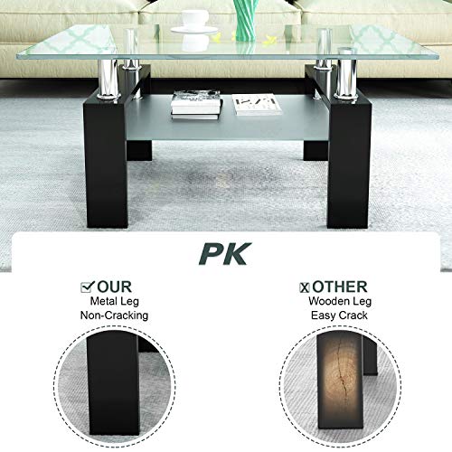Dklgg Rectangle Glass Coffee Table Modern Center Side Coffee Table With Lower Shelf Black Wooden Legs Suit For Living Room Black 0 3