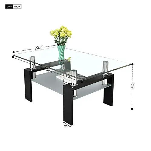 Dklgg Rectangle Glass Coffee Table Modern Center Side Coffee Table With Lower Shelf Black Wooden Legs Suit For Living Room Black 0 4