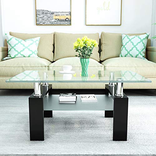 Dklgg Rectangle Glass Coffee Table Modern Center Side Coffee Table With Lower Shelf Black Wooden Legs Suit For Living Room Black 0 5