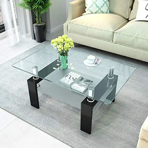 Dklgg Rectangle Glass Coffee Table Modern Center Side Coffee Table With Lower Shelf Black Wooden Legs Suit For Living Room Black 0