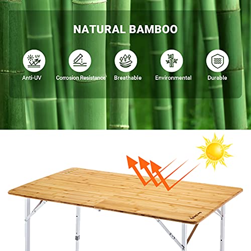 Kingcamp Bamboo Folding Table Camping Table With Adjustable Height Aluminum Legs Heavy Duty 176 Lbs 2 Folds Portable Camp Tables For Travel Picnic Beach Outdoor And Indoor 6 People 0 1