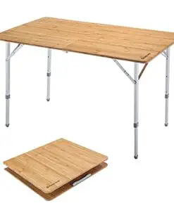 Kingcamp Bamboo Folding Table Camping Table With Adjustable Height Aluminum Legs Heavy Duty 176 Lbs 2 Folds Portable Camp Tables For Travel Picnic Beach Outdoor And Indoor 6 People 0
