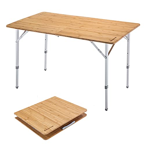 KingCamp Bamboo Folding Table Camping Table with Adjustable Height Aluminum Legs Heavy Duty 176 lbs 2-Folds Portable Camp Tables for Travel, Picnic, Beach, Outdoor and Indoor, 6 People
