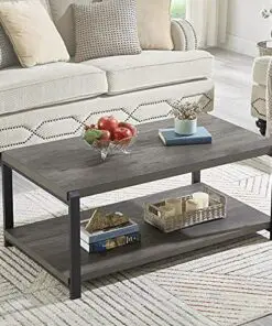 Excefur Coffee Table With Storage Shelfrustic Wood And Metal Cocktail Table For Living Roomgrey 0