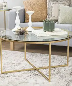 Millie 36 Inch Round Coffee Table With X Base In Gold 0