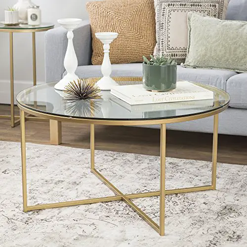 Millie 36 Inch Round Coffee Table with X-Base in Gold