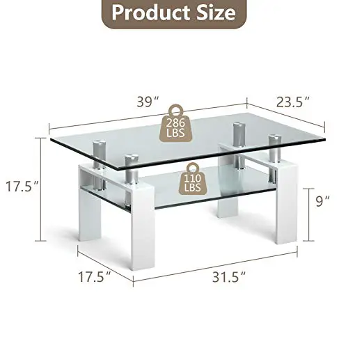 Tangkula Rectangular Glass Coffee Table Modern Side Coffee Table Wlower Shelf Tempered Glass Tabletop Metal Legs Suitable For Living Room Office White 0 2