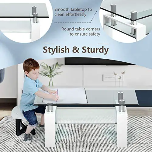 Tangkula Rectangular Glass Coffee Table Modern Side Coffee Table Wlower Shelf Tempered Glass Tabletop Metal Legs Suitable For Living Room Office White 0 5
