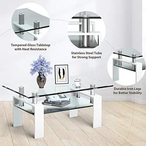 Tangkula Rectangular Glass Coffee Table Modern Side Coffee Table Wlower Shelf Tempered Glass Tabletop Metal Legs Suitable For Living Room Office White 0 6